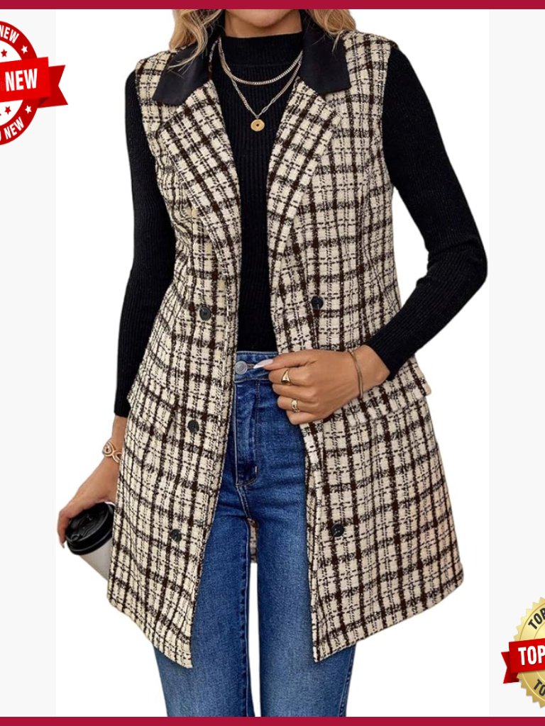 Sleeveless Tweed Vest Blazer Jacket Trench Coat For Women